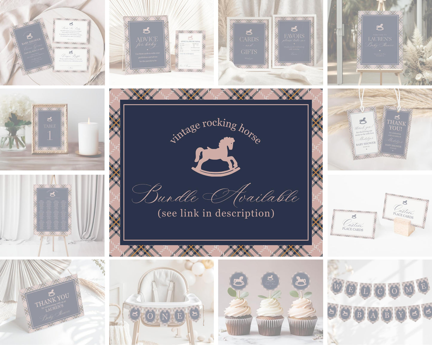 Classic Rocking Horse Birthday Party Favor Tags Template, Pink Tartan Plaid First Birthday Party, Old Money Timeless Bday Celebration WP1088