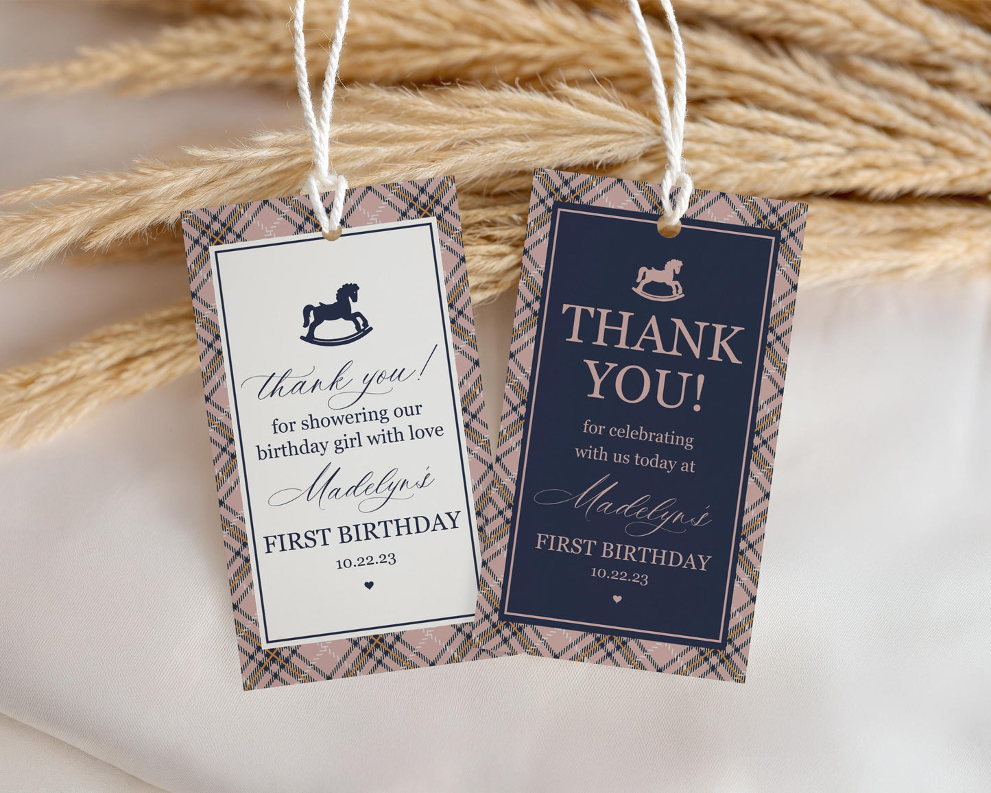 Classic Rocking Horse Birthday Party Favor Tags Template, Pink Tartan Plaid First Birthday Party, Old Money Timeless Bday Celebration WP1088
