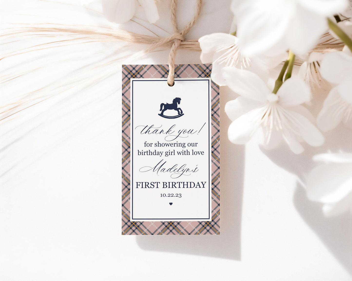 Classic Rocking Horse Birthday Party Favor Tags Template, Pink Tartan Plaid First Birthday Party, Old Money Timeless Bday Celebration WP1088