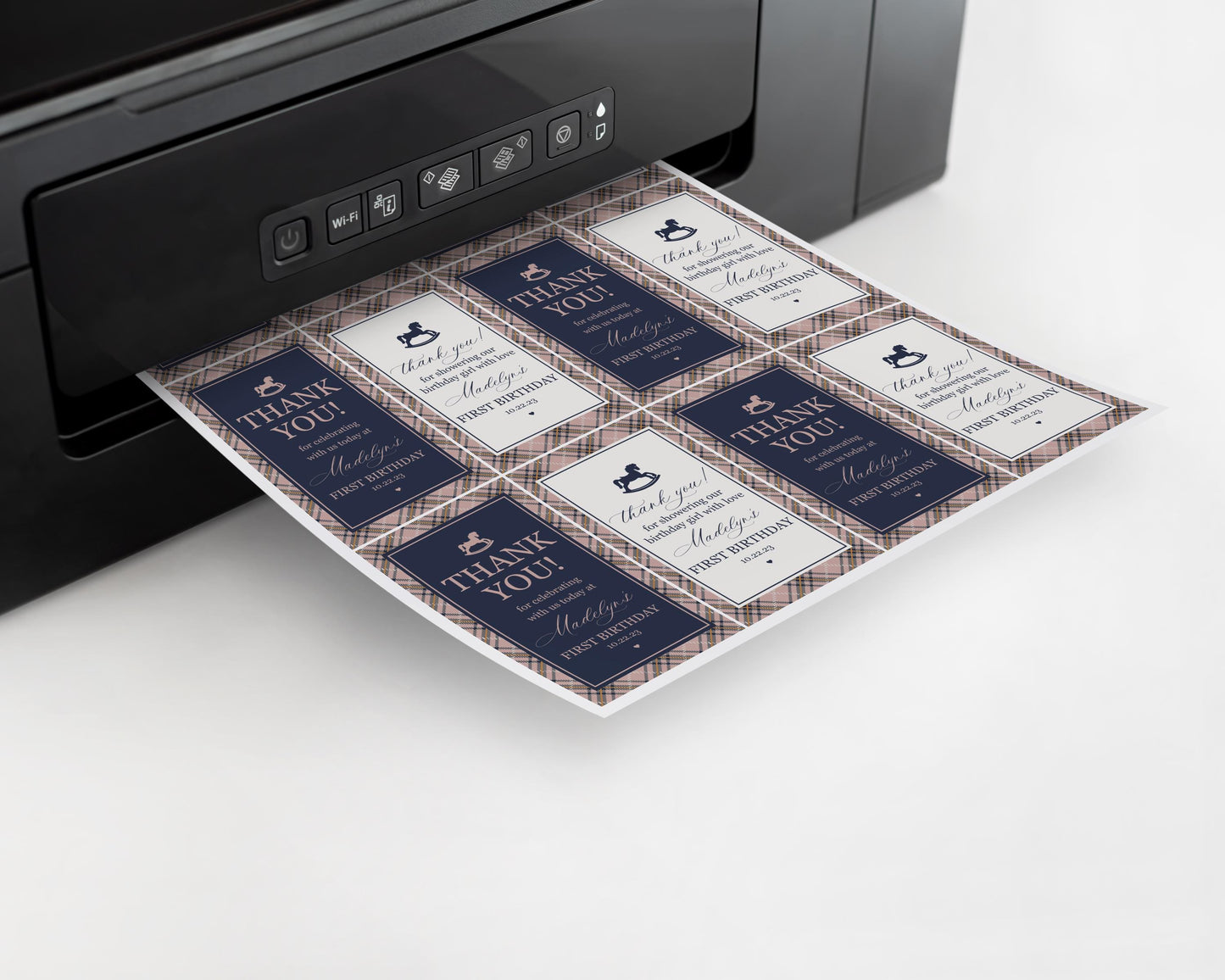 Classic Rocking Horse Birthday Party Favor Tags Template, Pink Tartan Plaid First Birthday Party, Old Money Timeless Bday Celebration WP1088