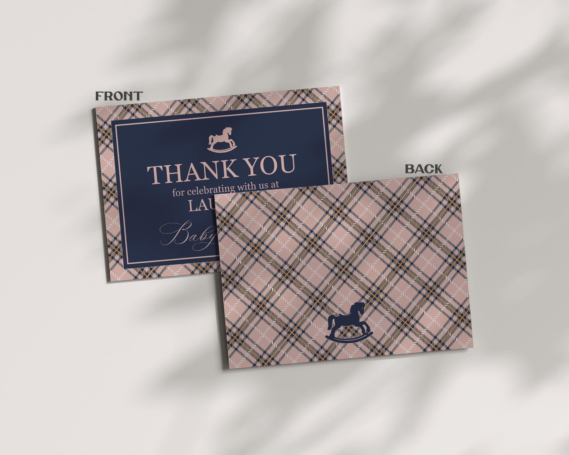 Classic Rocking Horse Thank You Card Template, Pink Tartan Plaid Baby Shower, Old Money Timeless First Birthday Party WP1088