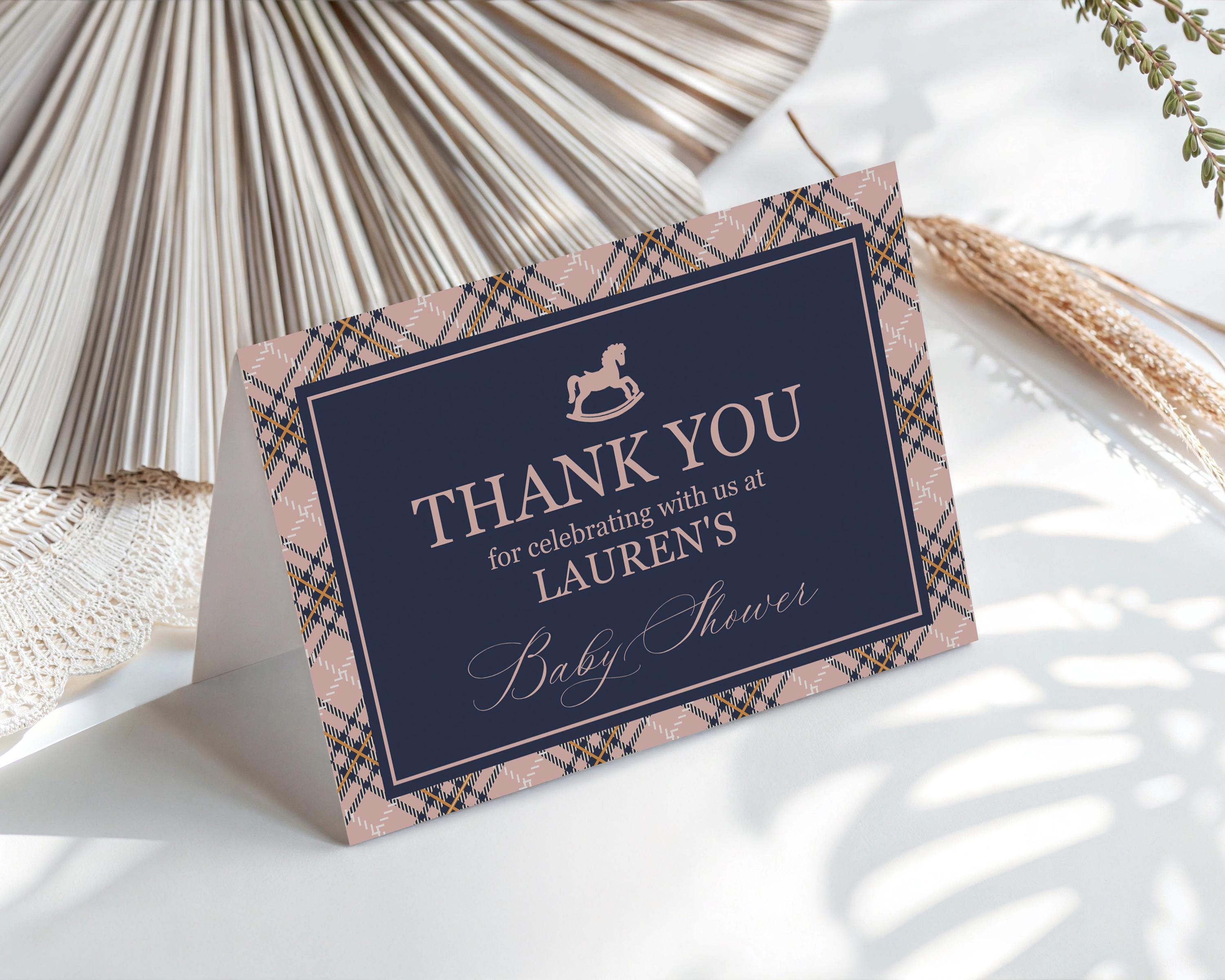 Classic Rocking Horse Thank You Card Template, Pink Tartan Plaid Baby Shower, Old Money Timeless First Birthday Party WP1088