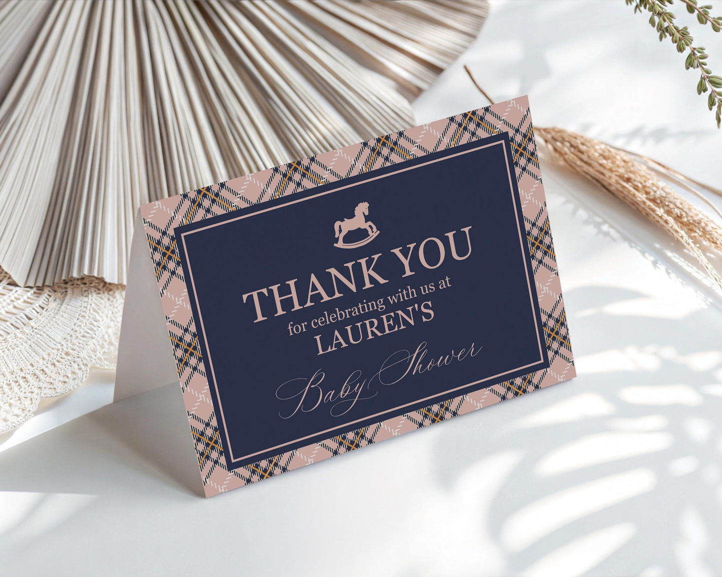Classic Rocking Horse Thank You Card Template, Pink Tartan Plaid Baby Shower, Old Money Timeless First Birthday Party WP1088