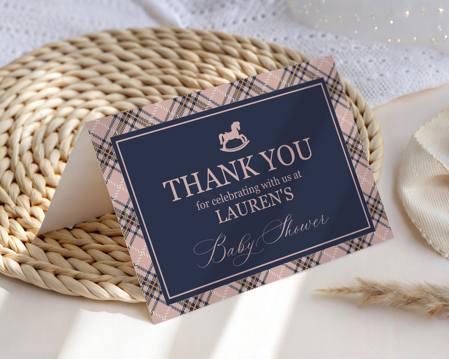 Classic Rocking Horse Thank You Card Template, Pink Tartan Plaid Baby Shower, Old Money Timeless First Birthday Party WP1088