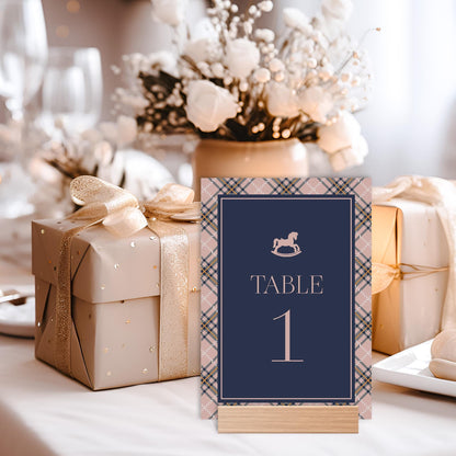 Classic Rocking Horse Table Number Cards Template, Pink Tartan Plaid Baby Shower, Old Money Timeless First Birthday Party WP1088