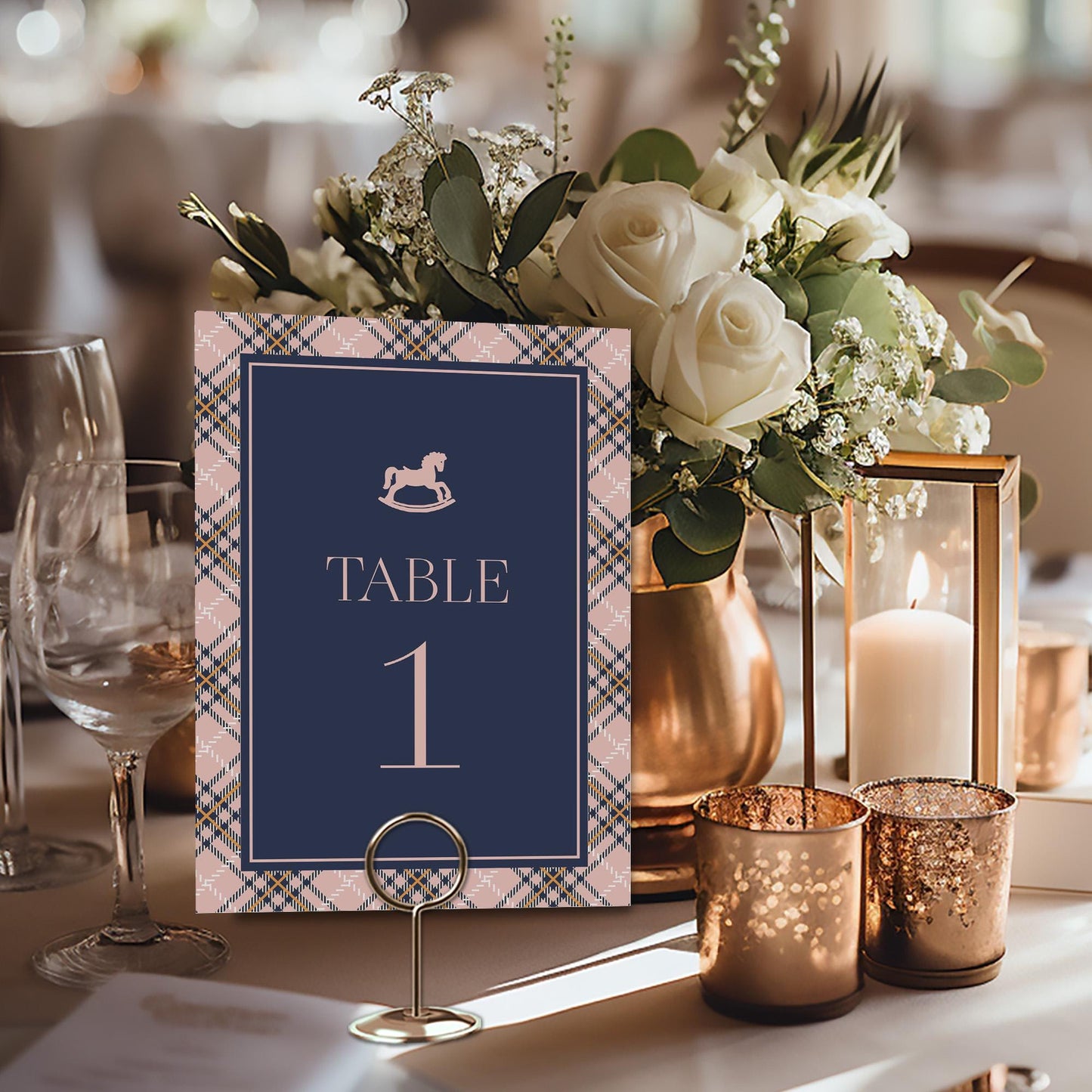 Classic Rocking Horse Table Number Cards Template, Pink Tartan Plaid Baby Shower, Old Money Timeless First Birthday Party WP1088