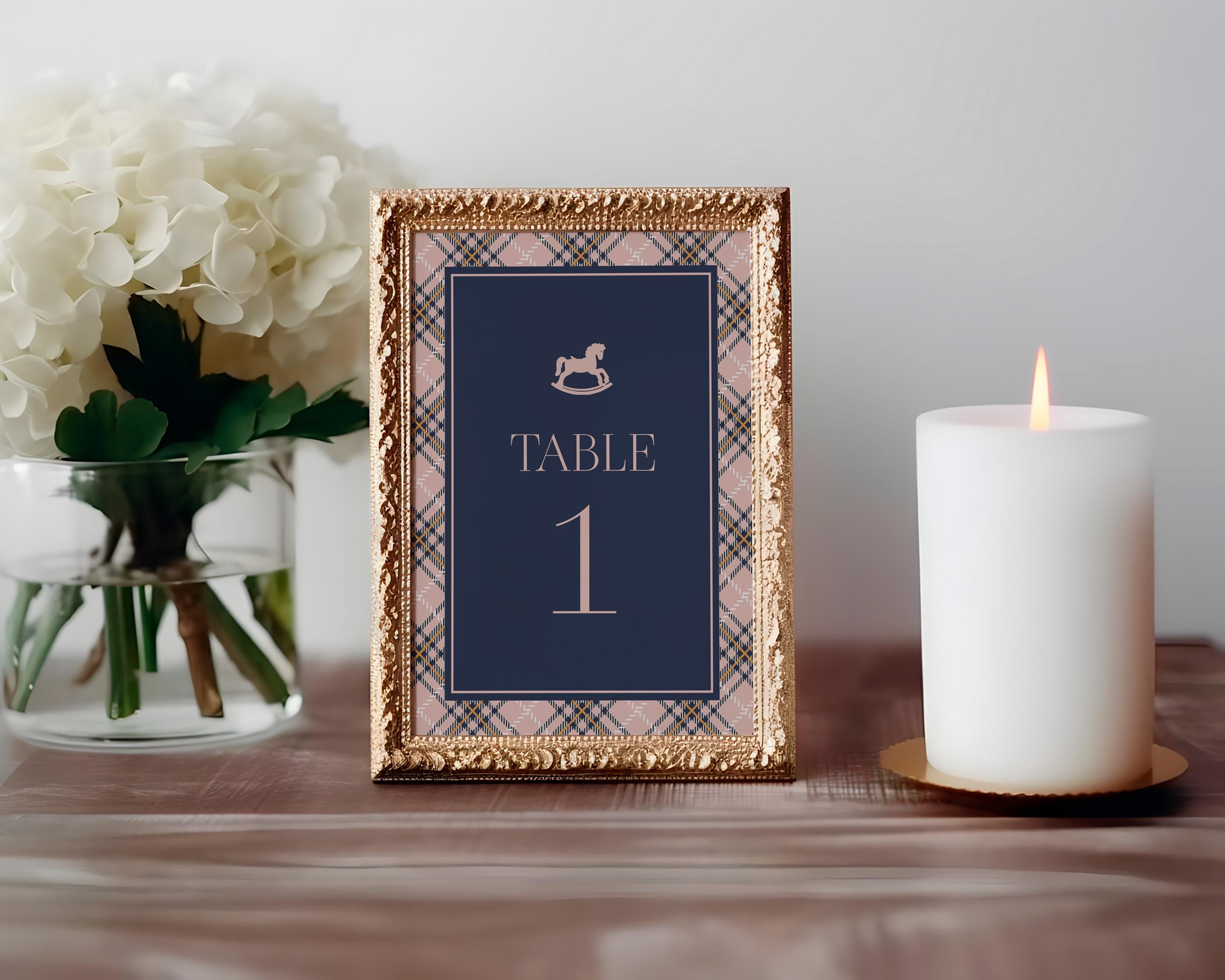 Classic Rocking Horse Table Number Cards Template, Pink Tartan Plaid Baby Shower, Old Money Timeless First Birthday Party WP1088