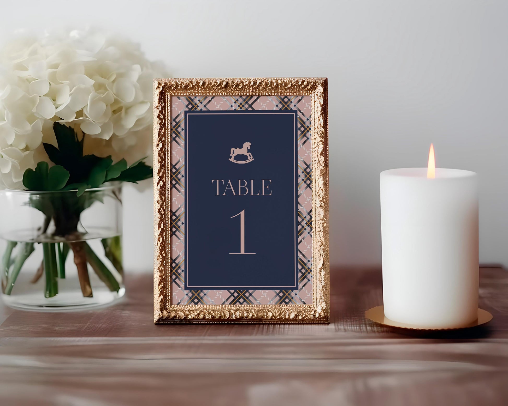 Classic Rocking Horse Table Number Cards Template, Pink Tartan Plaid Baby Shower, Old Money Timeless First Birthday Party WP1088