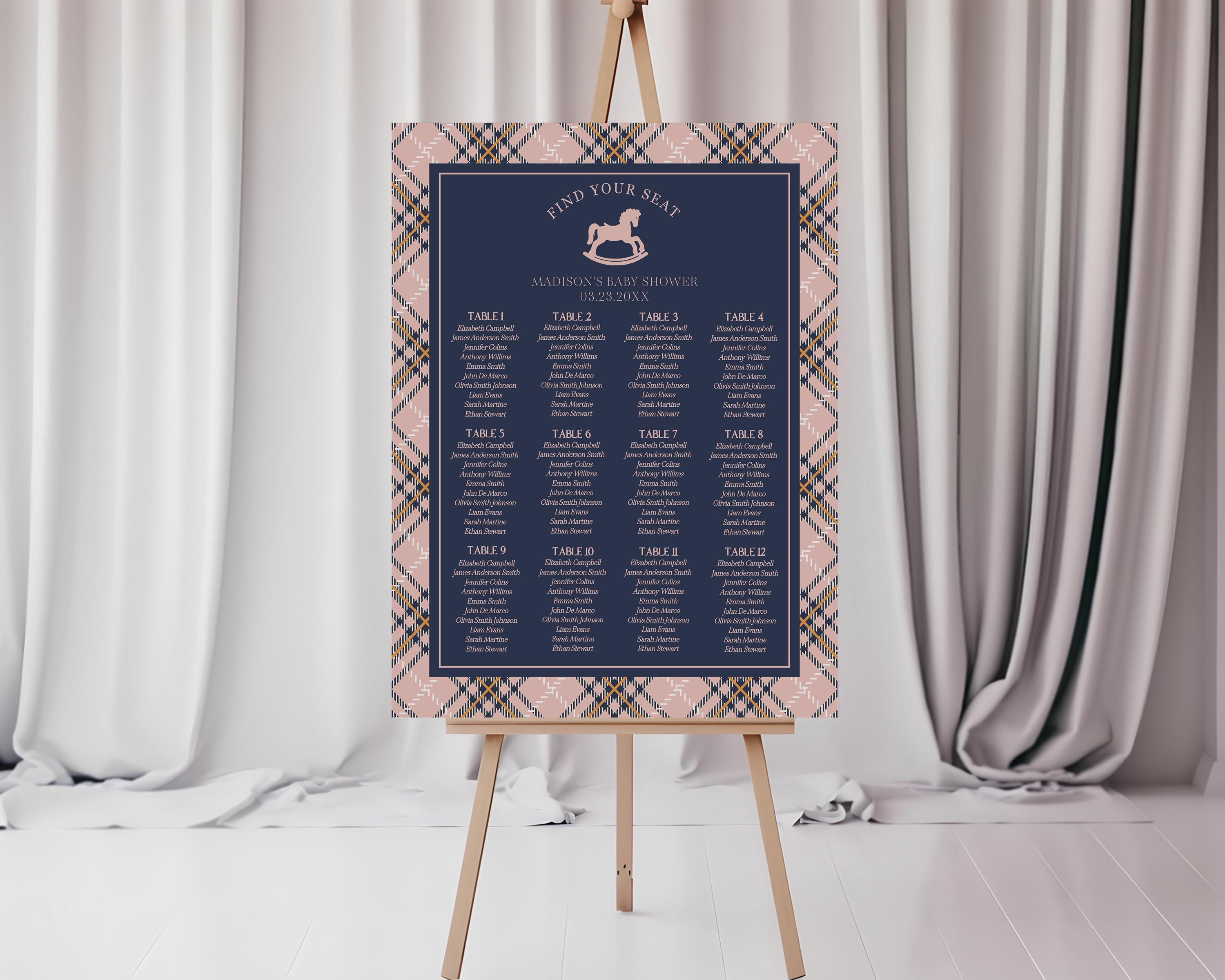 Classic Rocking Horse Seating Chart Poster Template, Pink Tartan Plaid Baby Shower, Old Money Timeless First Birthday Party WP1088