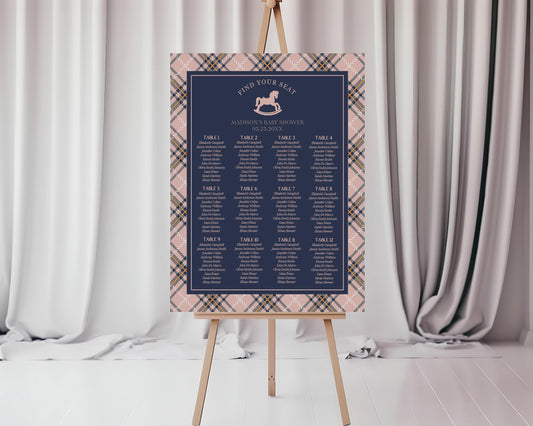 Classic Rocking Horse Seating Chart Poster Template, Pink Tartan Plaid Baby Shower, Old Money Timeless First Birthday Party WP1088