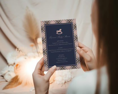 Classic Rocking Horse Menu Template, Pink Tartan Plaid Baby Shower, Old Money Timeless First Birthday Party WP1088