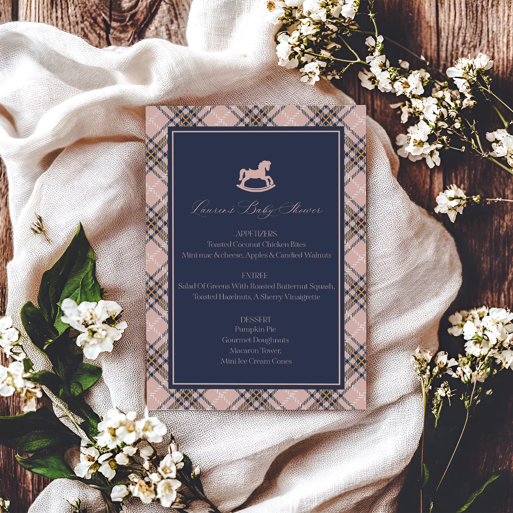 Classic Rocking Horse Menu Template, Pink Tartan Plaid Baby Shower, Old Money Timeless First Birthday Party WP1088