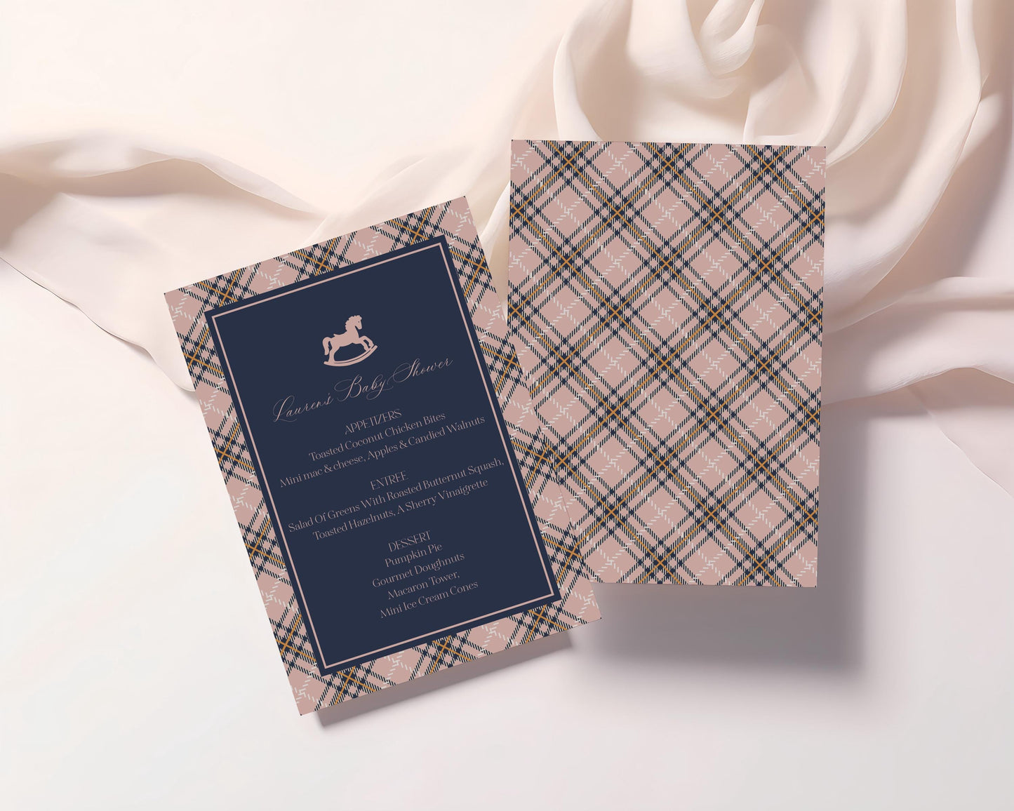 Classic Rocking Horse Menu Template, Pink Tartan Plaid Baby Shower, Old Money Timeless First Birthday Party WP1088