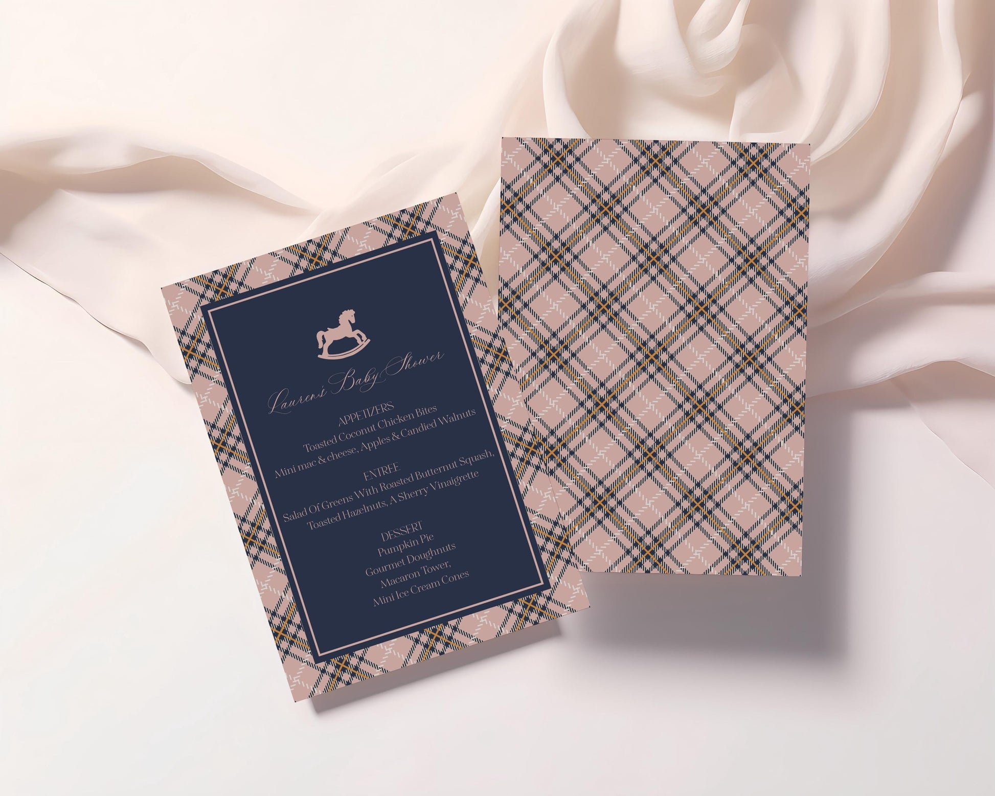 Classic Rocking Horse Menu Template, Pink Tartan Plaid Baby Shower, Old Money Timeless First Birthday Party WP1088