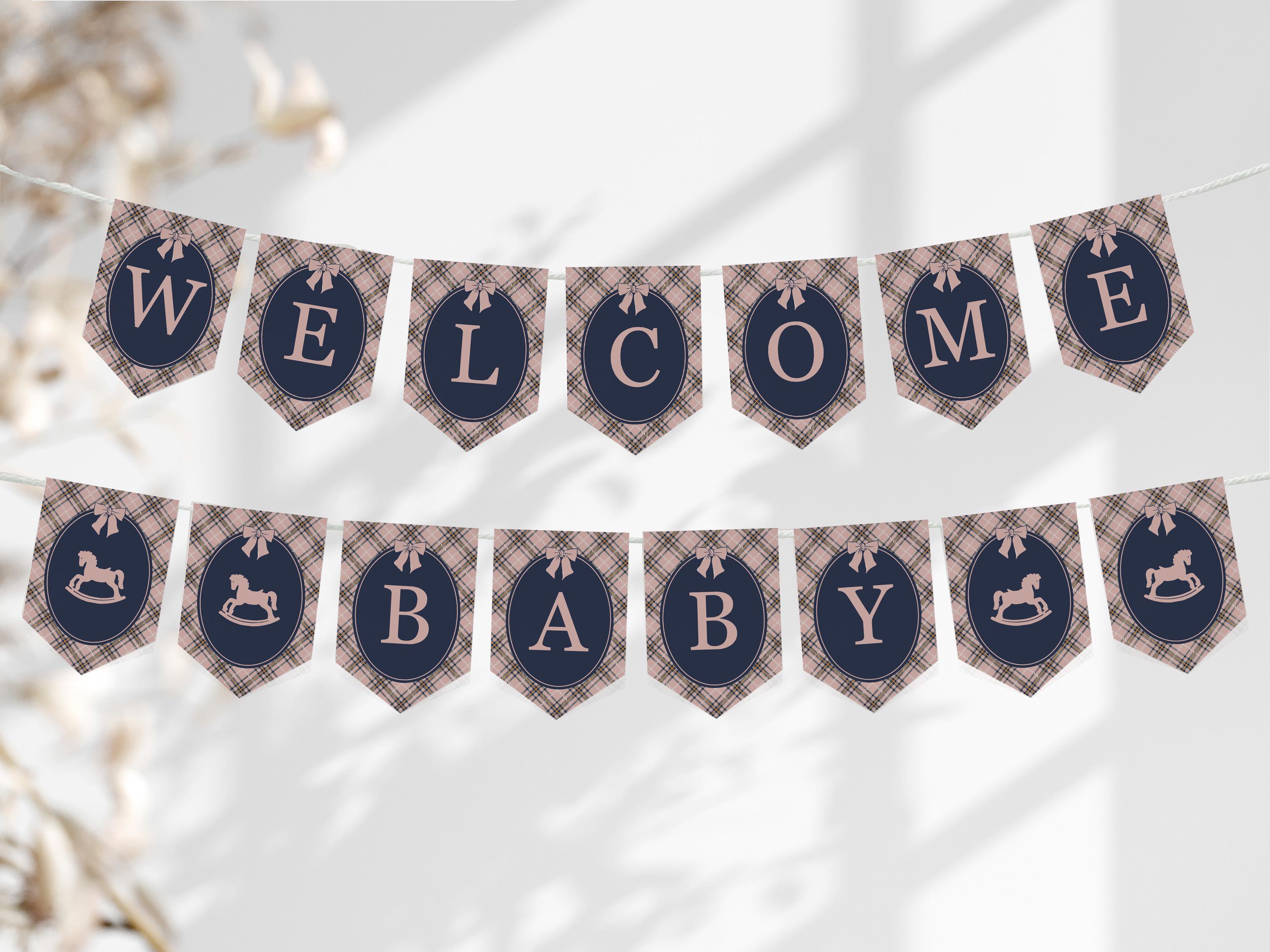 Classic Rocking Horse Baby Shower Banner Template, Pink Tartan Plaid Baby Sprinkle, Old Money Style Brunch with Mom to Be WP1088