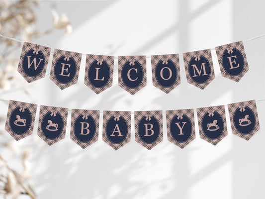 Classic Rocking Horse Baby Shower Banner Template, Pink Tartan Plaid Baby Sprinkle, Old Money Style Brunch with Mom to Be WP1088