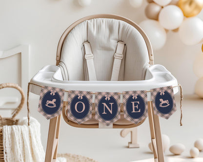 Classic Rocking Horse 1st Birthday One Banner Template, Pink Tartan Plaid First Birthday Party, Old Money Timeless Bday Celebration WP1088
