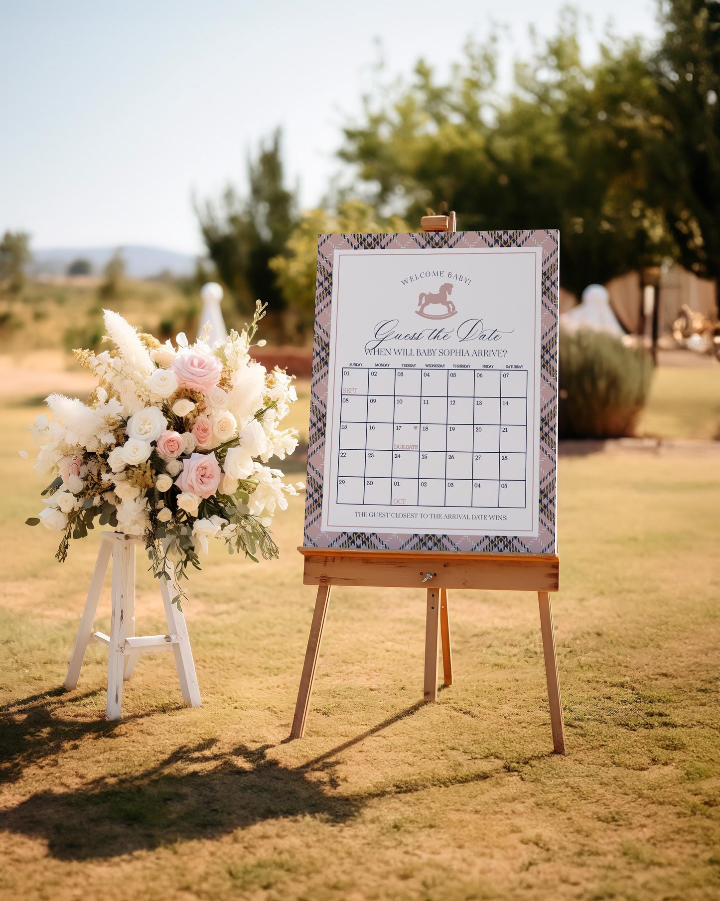 Classic Rocking Horse Baby Shower Guess the Date Game Template, Pink Tartan Plaid Baby Sprinkle, Old Money Style Brunch WP1088