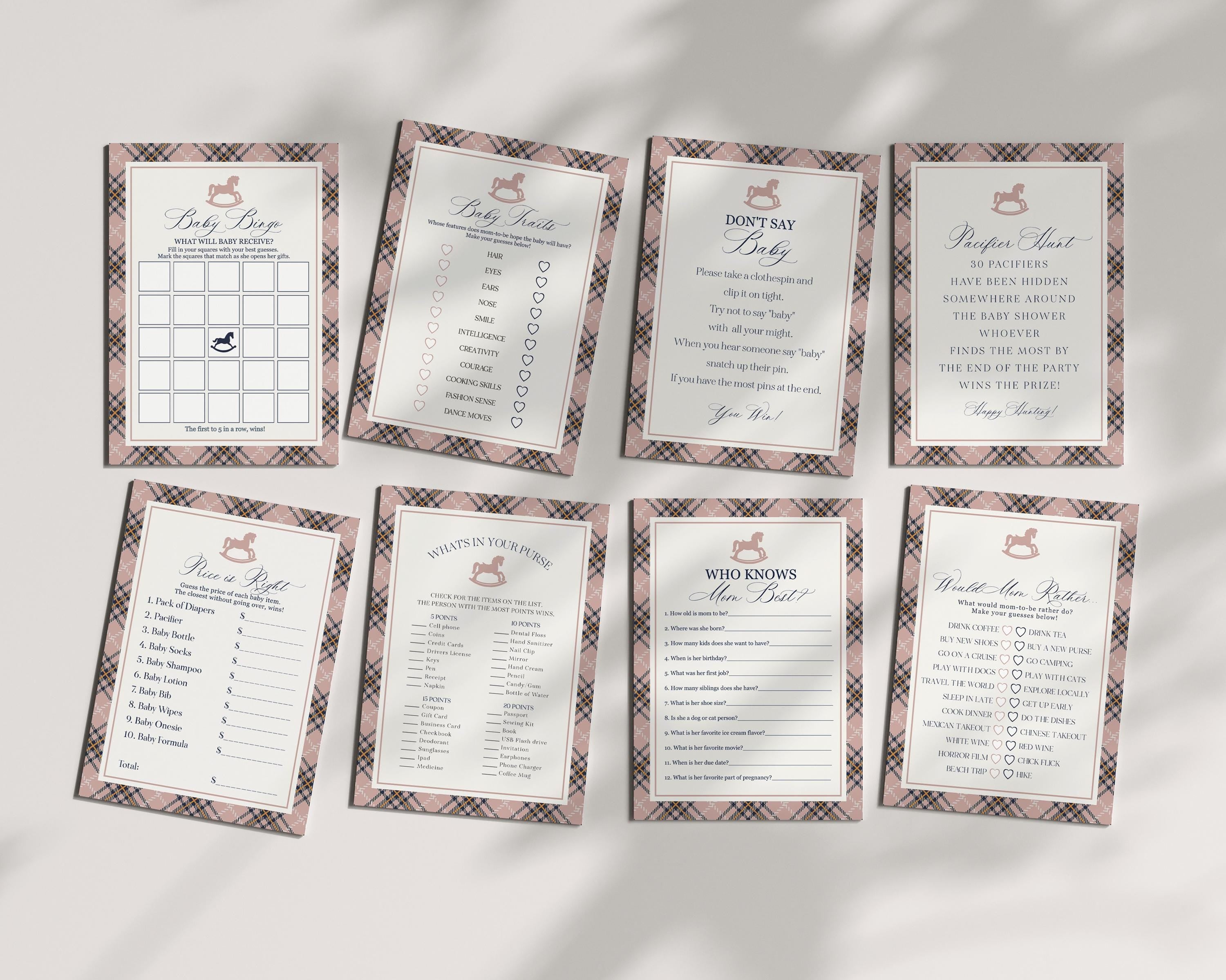 Classic Rocking Horse Baby Shower Games Template, Pink Tartan Plaid Baby Sprinkle, Old Money Style Brunch with Mom to Be WP1088