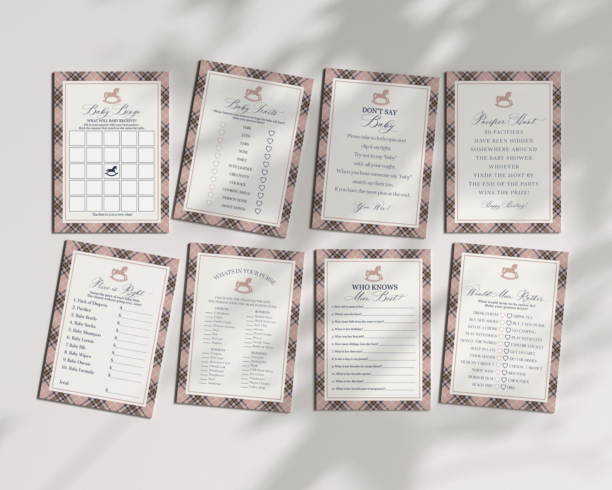 Classic Rocking Horse Baby Shower Games Template, Pink Tartan Plaid Baby Sprinkle, Old Money Style Brunch with Mom to Be WP1088