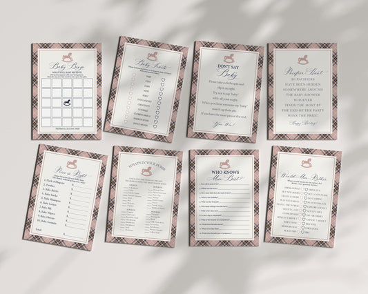 Classic Rocking Horse Baby Shower Games Template, Pink Tartan Plaid Baby Sprinkle, Old Money Style Brunch with Mom to Be WP1088