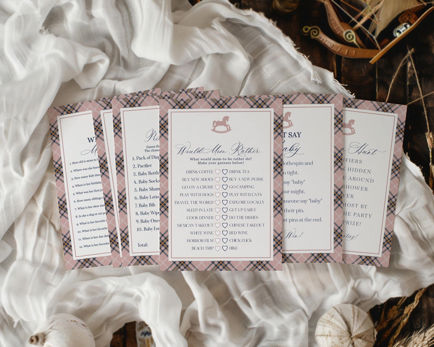 Classic Rocking Horse Baby Shower Games Template, Pink Tartan Plaid Baby Sprinkle, Old Money Style Brunch with Mom to Be WP1088