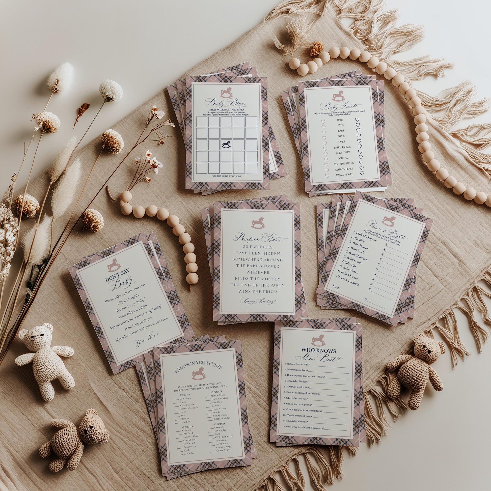 Classic Rocking Horse Baby Shower Games Template, Pink Tartan Plaid Baby Sprinkle, Old Money Style Brunch with Mom to Be WP1088