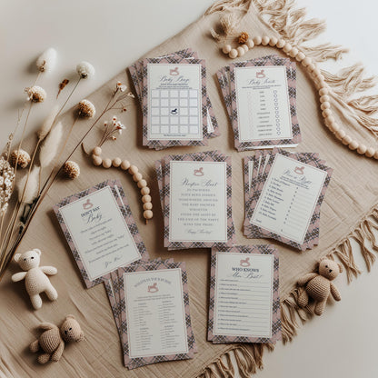 Classic Rocking Horse Baby Shower Games Template, Pink Tartan Plaid Baby Sprinkle, Old Money Style Brunch with Mom to Be WP1088