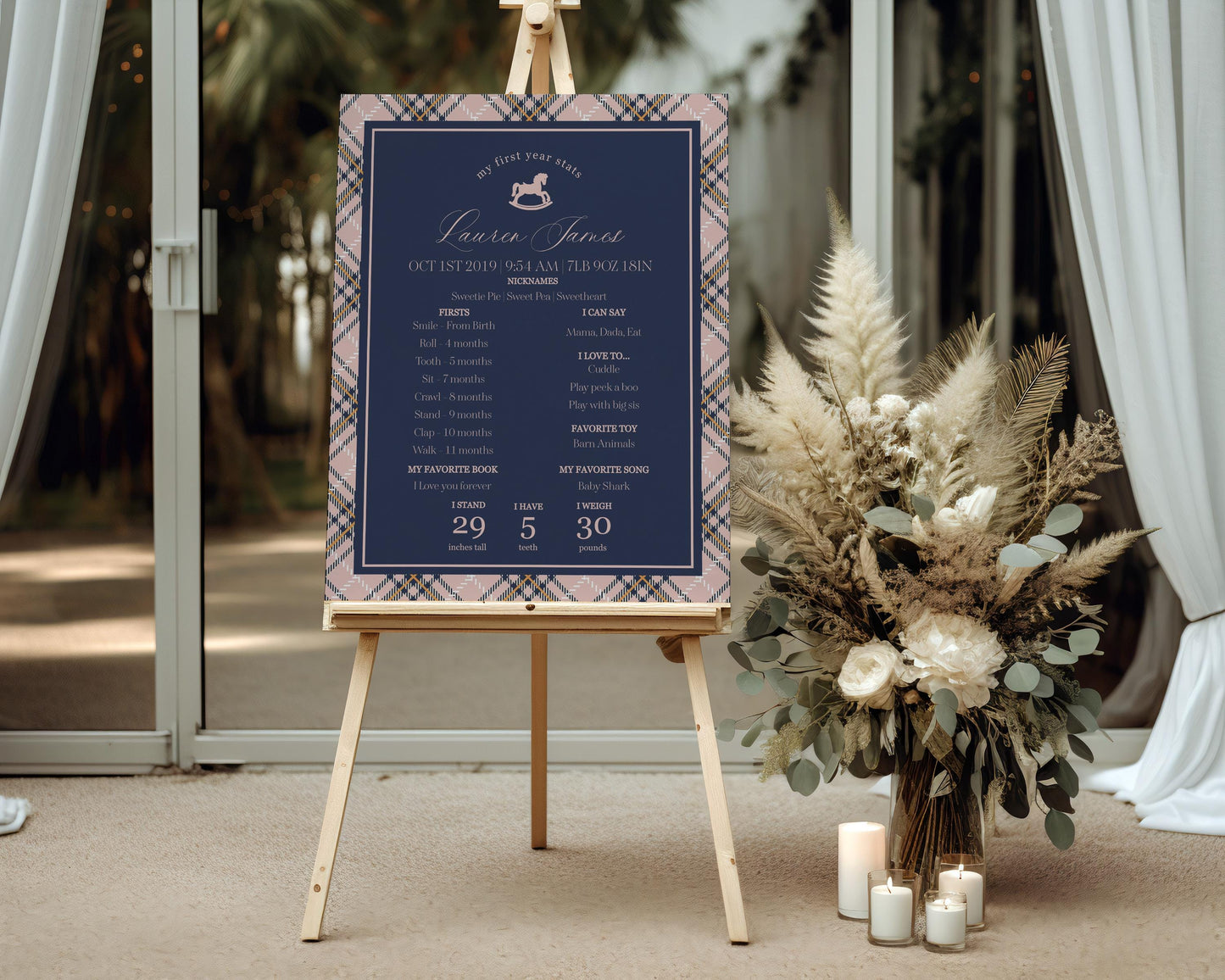 Classic Rocking Horse First Year Milestone Sign Printable Template, Pink Tartan Plaid First Birthday Party, Old Money Timeless Bday WP1088