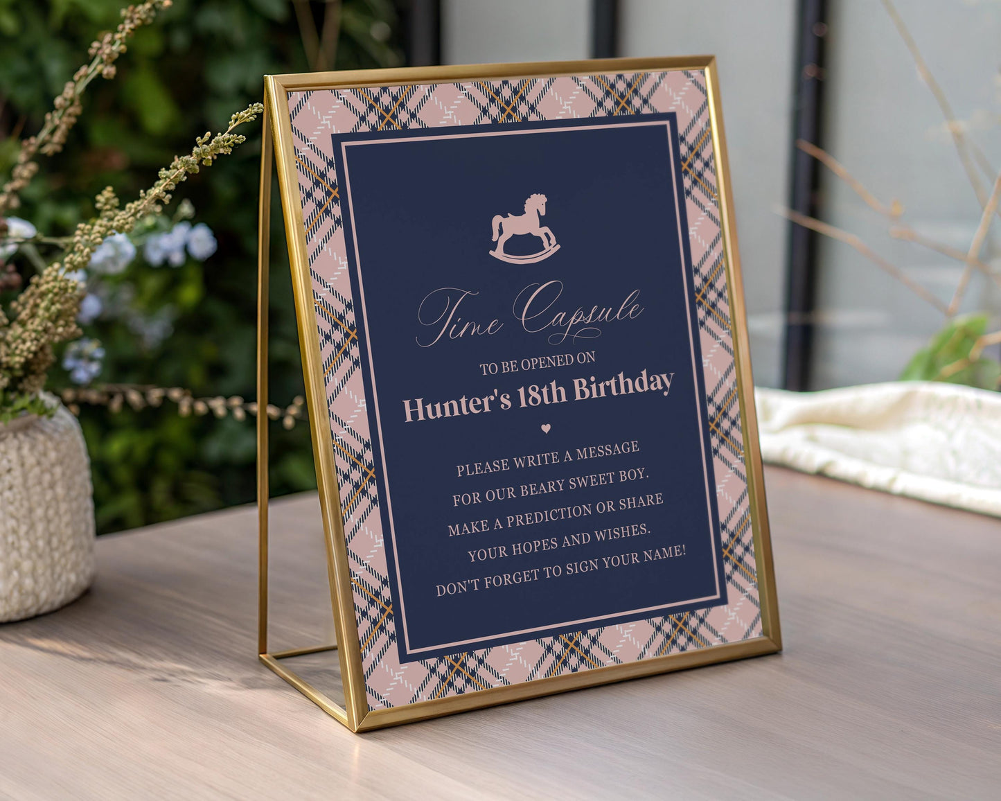 Classic Rocking Horse Time Capsule Template, Pink Tartan Plaid First Birthday Party, Old Money Timeless Bday Celebration WP1088