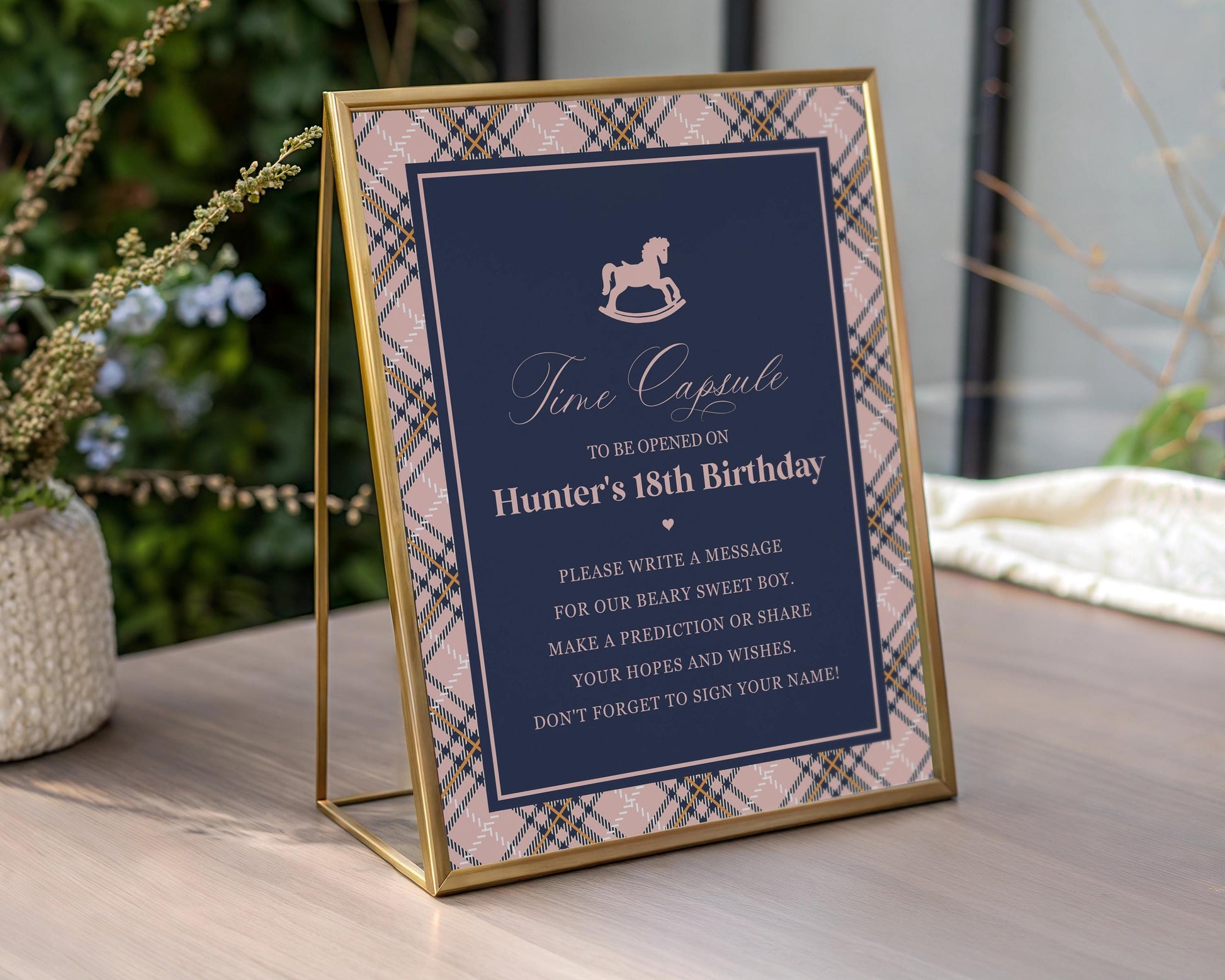 Classic Rocking Horse Time Capsule Template, Pink Tartan Plaid First Birthday Party, Old Money Timeless Bday Celebration WP1088