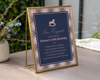 Classic Rocking Horse Time Capsule Template, Pink Tartan Plaid First Birthday Party, Old Money Timeless Bday Celebration WP1088