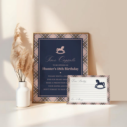 Classic Rocking Horse Time Capsule Template, Pink Tartan Plaid First Birthday Party, Old Money Timeless Bday Celebration WP1088