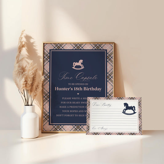 Classic Rocking Horse Time Capsule Template, Pink Tartan Plaid First Birthday Party, Old Money Timeless Bday Celebration WP1088
