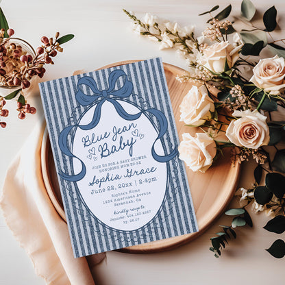 Blue Jean Baby Shower Invitation Printable Template, Denim Baby Sprinkle, Americana Brunch with Mom to Be WP1089