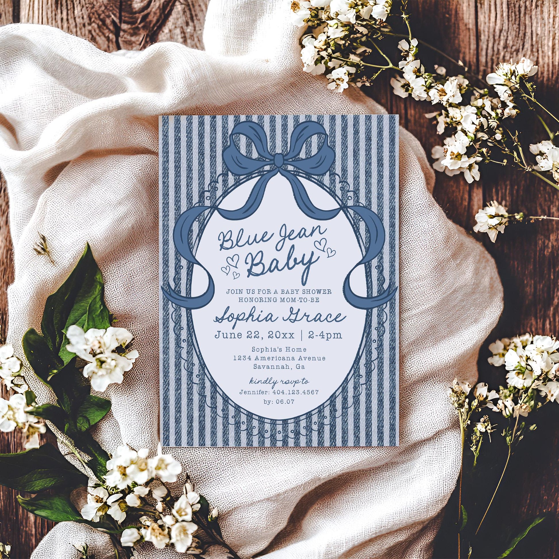 Blue Jean Baby Shower Invitation Printable Template, Denim Baby Sprinkle, Americana Brunch with Mom to Be WP1089