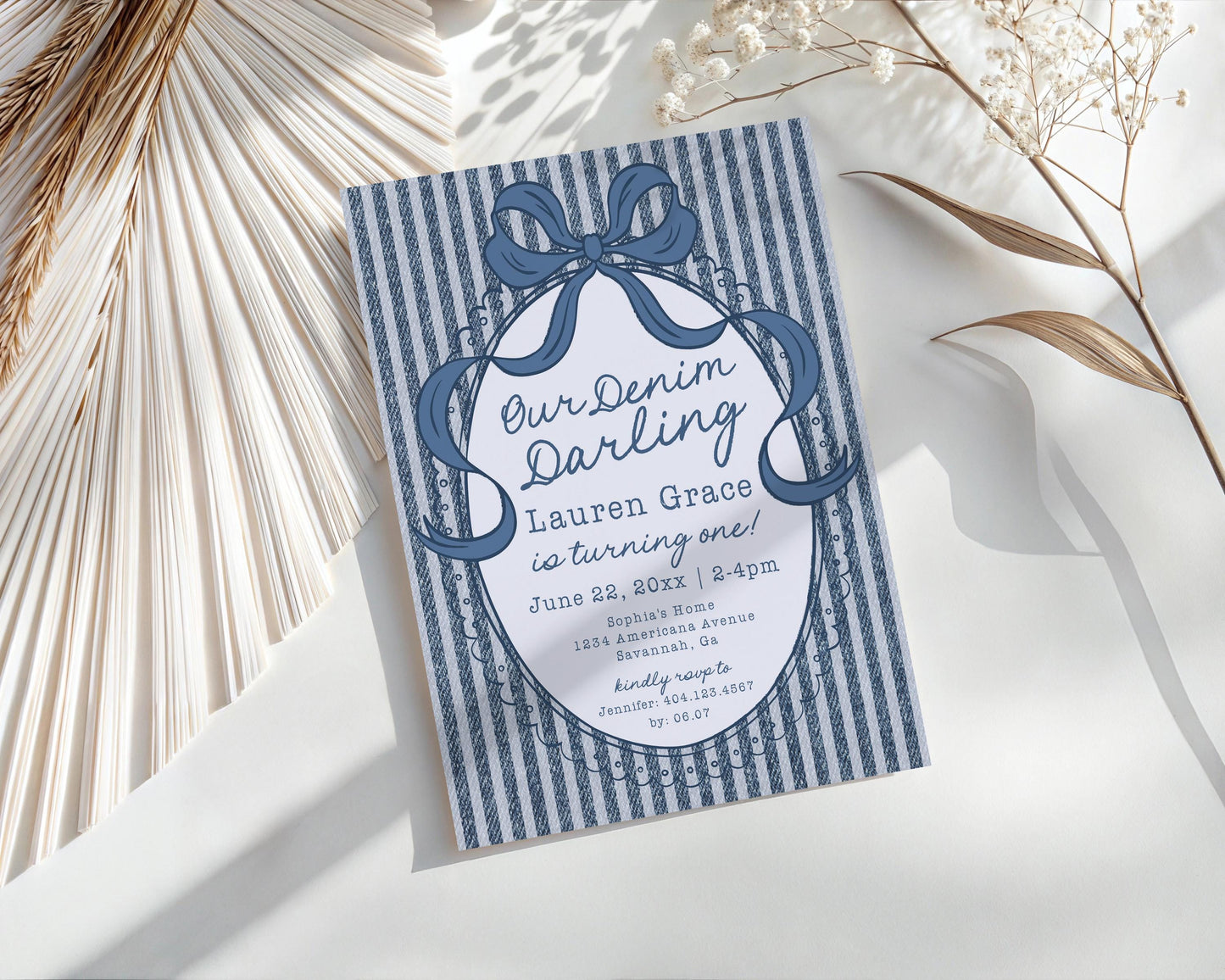 Denim Darling Birthday Invite Printable Template, Blue Jean Baby First Birthday Party, Timeless Americana Bday Celebration WP1089