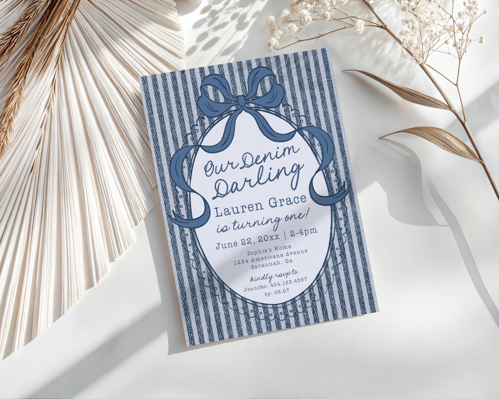 Denim Darling Birthday Invite Printable Template, Blue Jean Baby First Birthday Party, Timeless Americana Bday Celebration WP1089