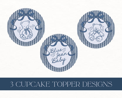 Blue Jean Baby Shower Cupcake Toppers Template, Denim Baby Sprinkle, Americana Brunch with Mom to Be WP1089
