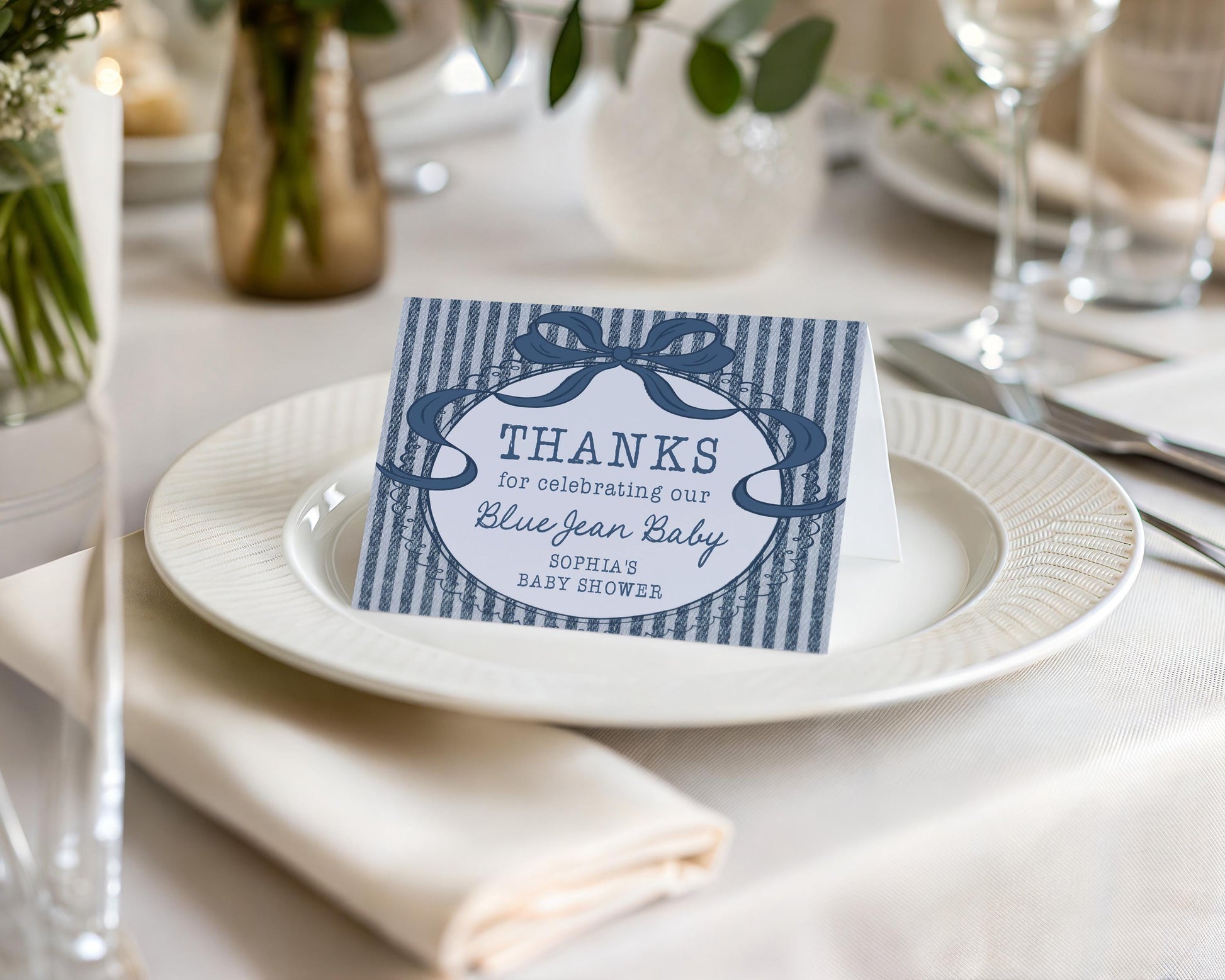 Blue Jean Baby Shower Thank You Card Template, Denim Baby Sprinkle, Americana Brunch with Mom to Be WP1089