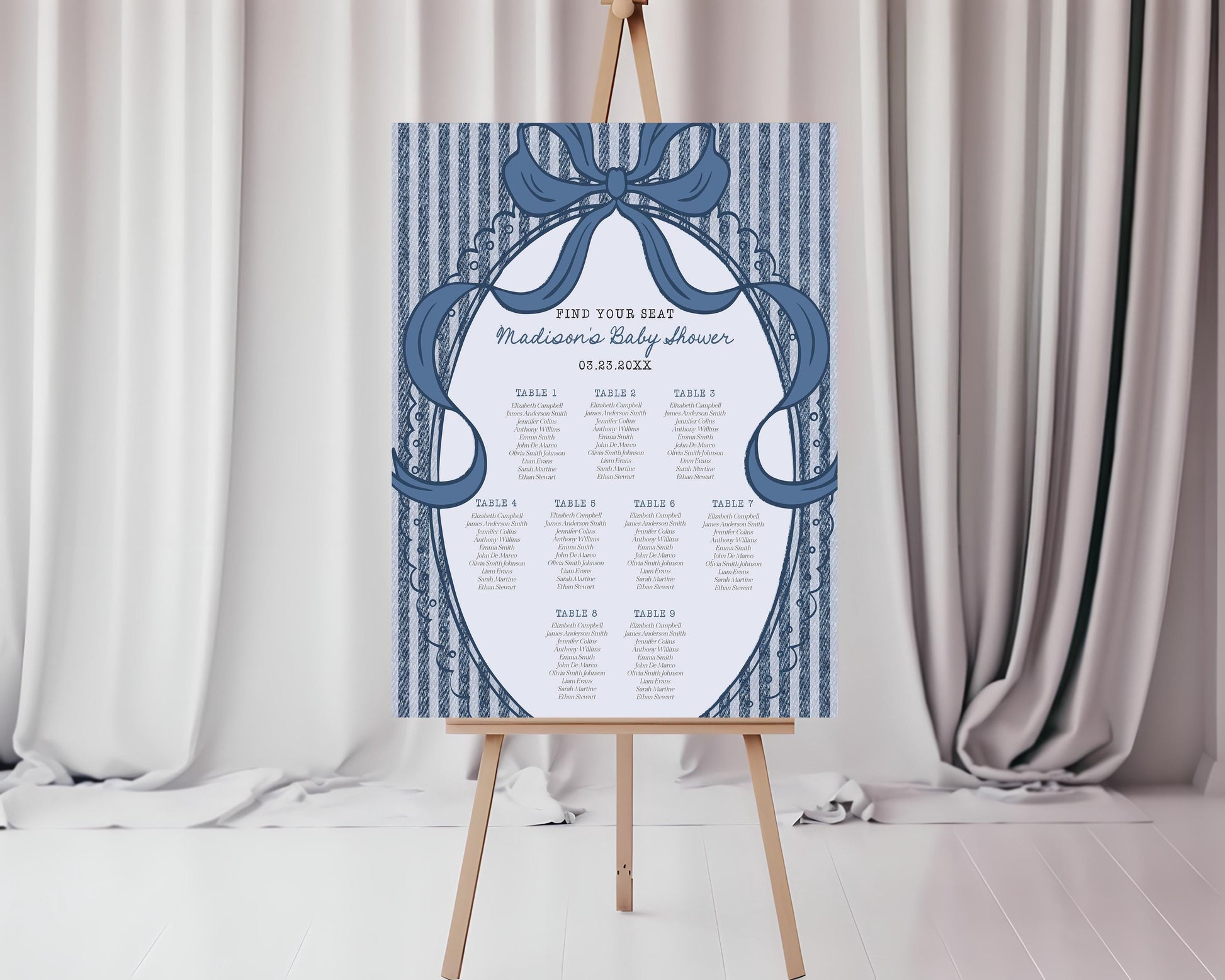 Blue Jean Baby Shower Seating Chart Cards Template, Denim Baby Sprinkle, Americana Brunch with Mom to Be WP1089