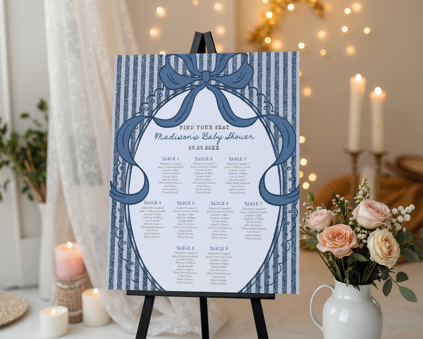 Blue Jean Baby Shower Seating Chart Poster Template, Denim Baby Sprinkle, Americana Brunch with Mom to Be WP1089