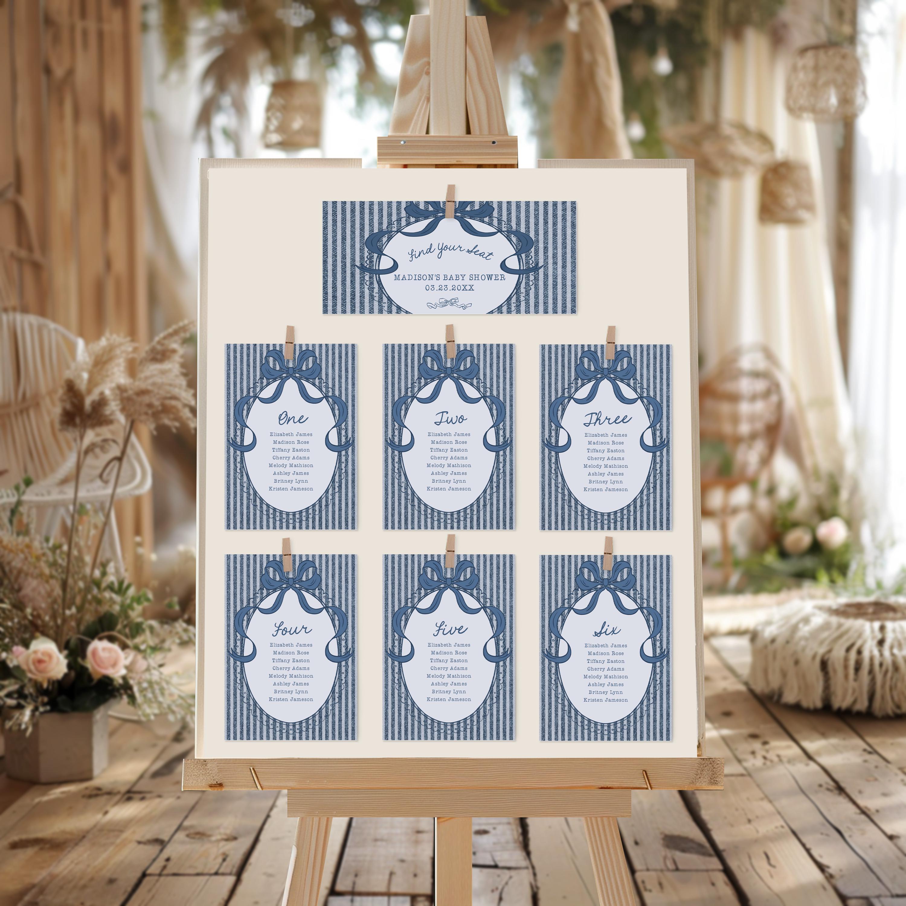 Blue Jean Baby Shower Seating Chart Cards Template, Denim Baby Sprinkle, Americana Brunch with Mom to Be WP1089