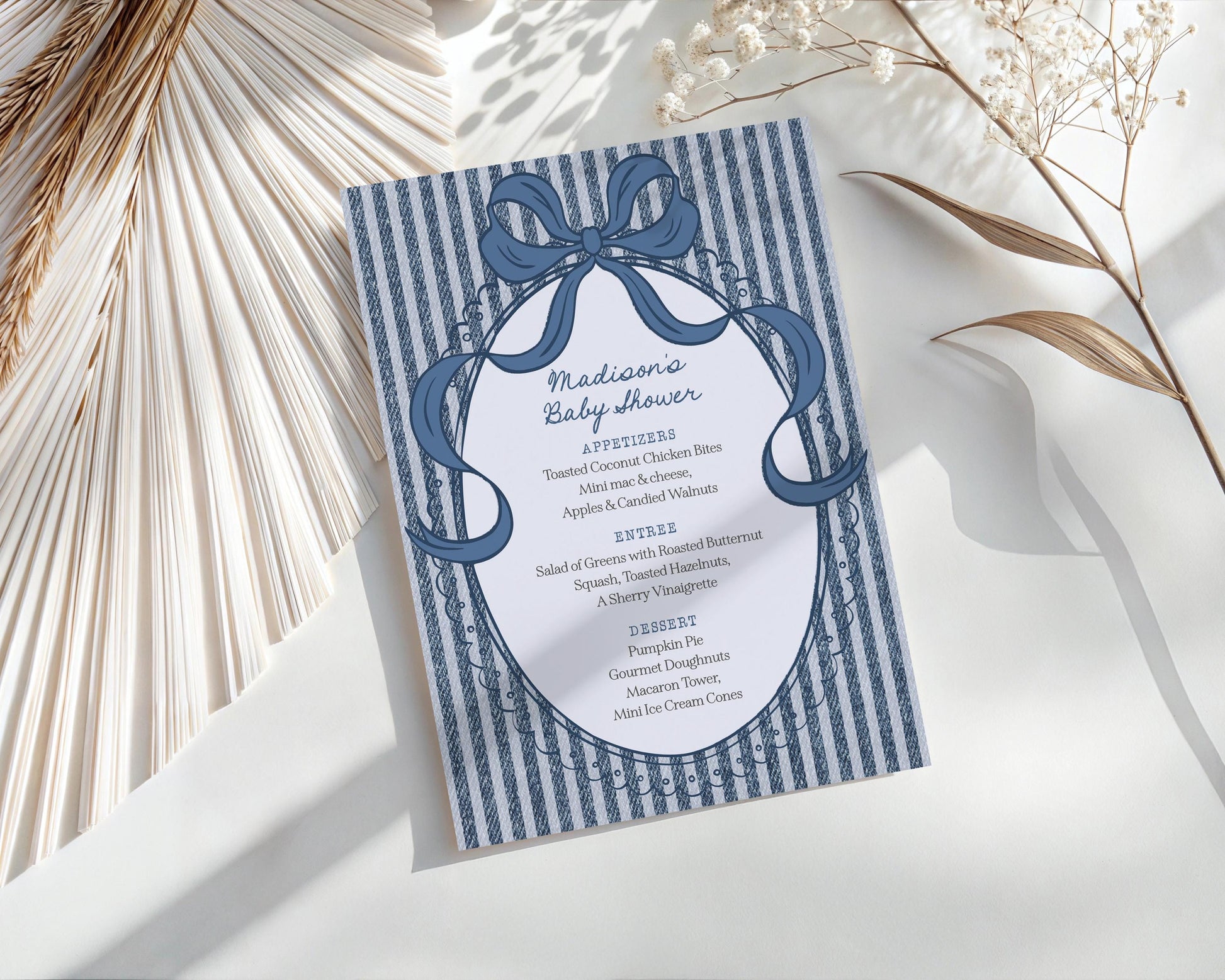 Blue Jean Baby Shower Menu Printable Template, Denim Baby Sprinkle, Americana Brunch with Mom to Be WP1089