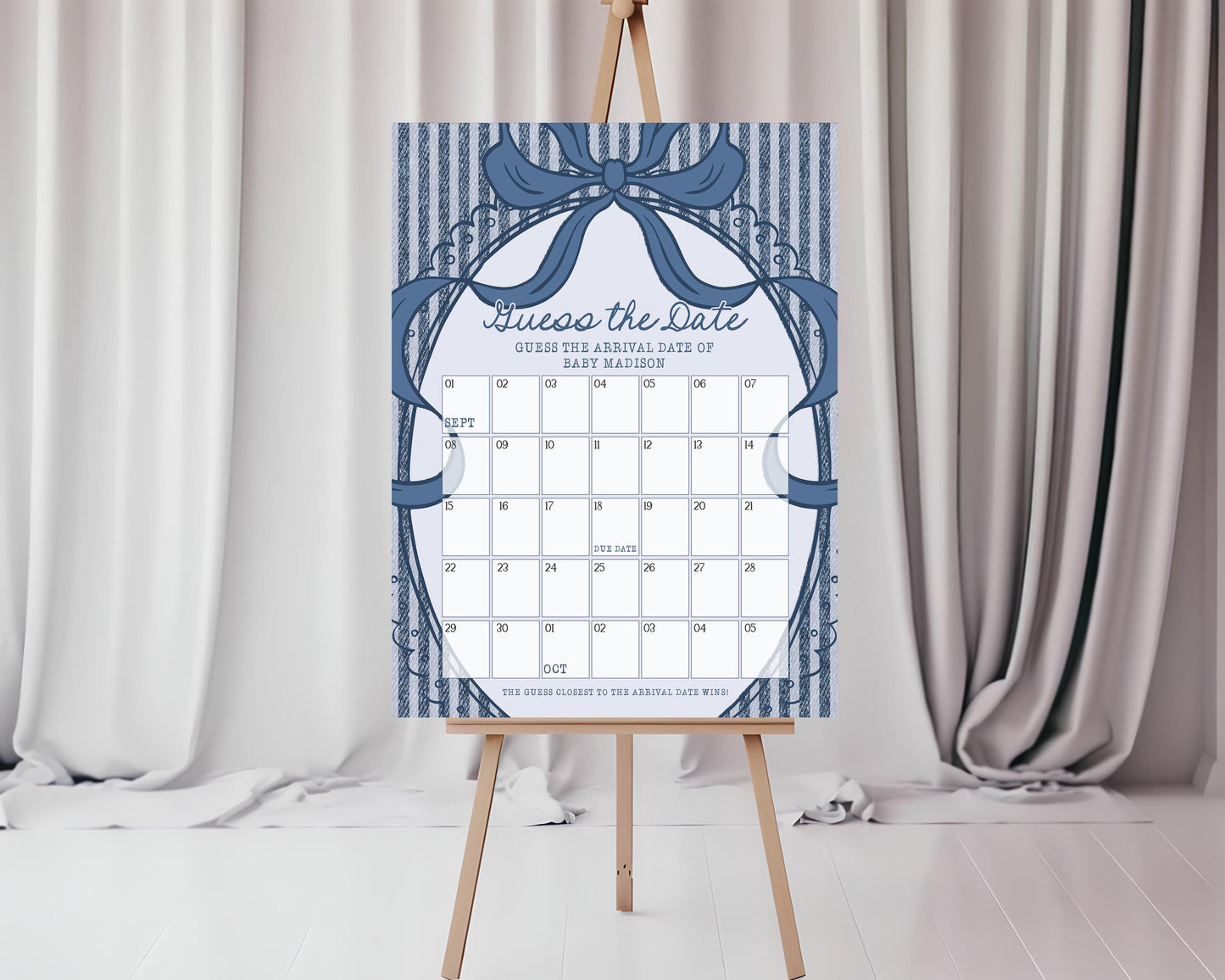 Blue Jean Baby Shower Guess the Date Game Template, Denim Baby Sprinkle Games, Americana Brunch with Mom to Be WP1089