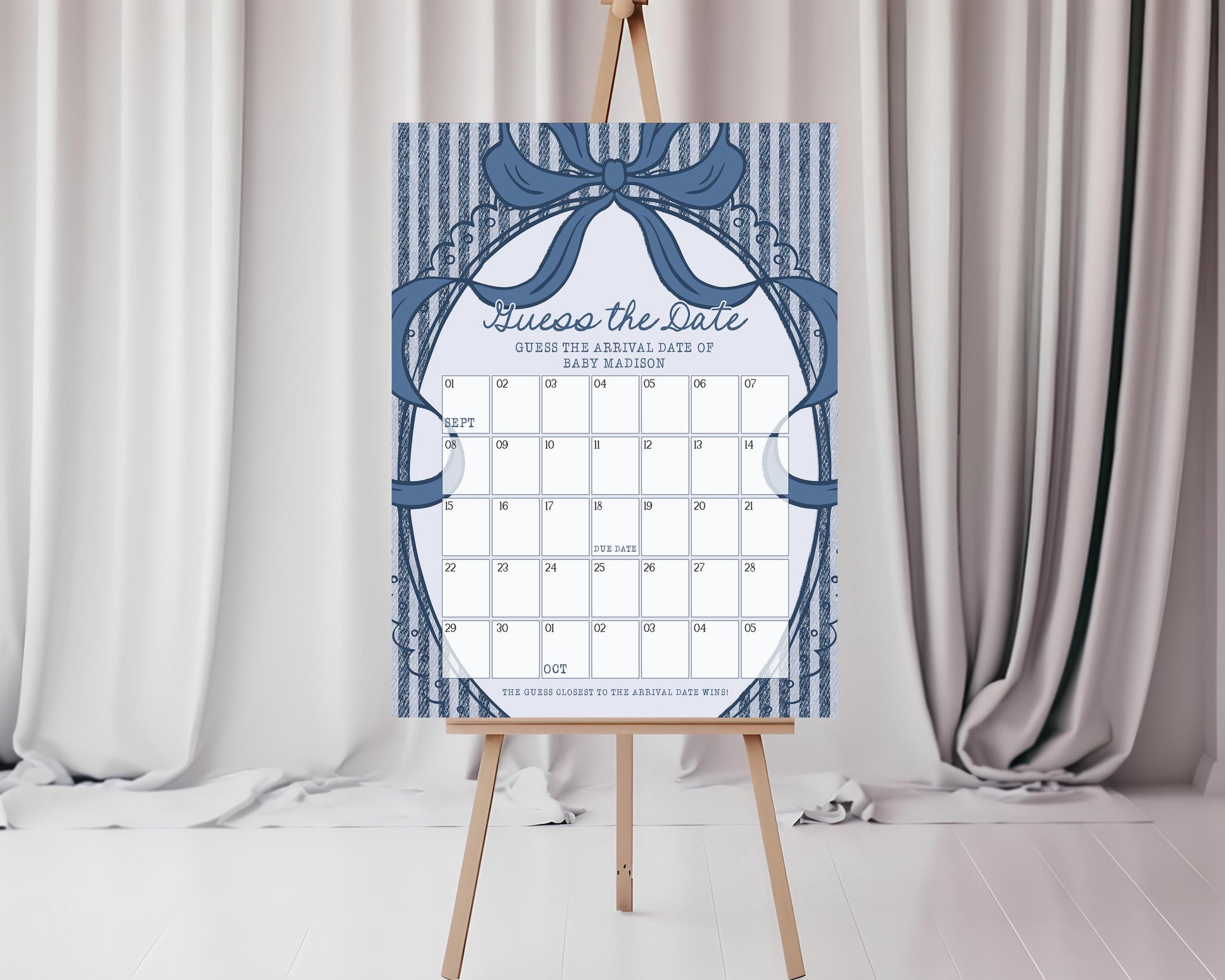 Blue Jean Baby Shower Guess the Date Game Template, Denim Baby Sprinkle Games, Americana Brunch with Mom to Be WP1089