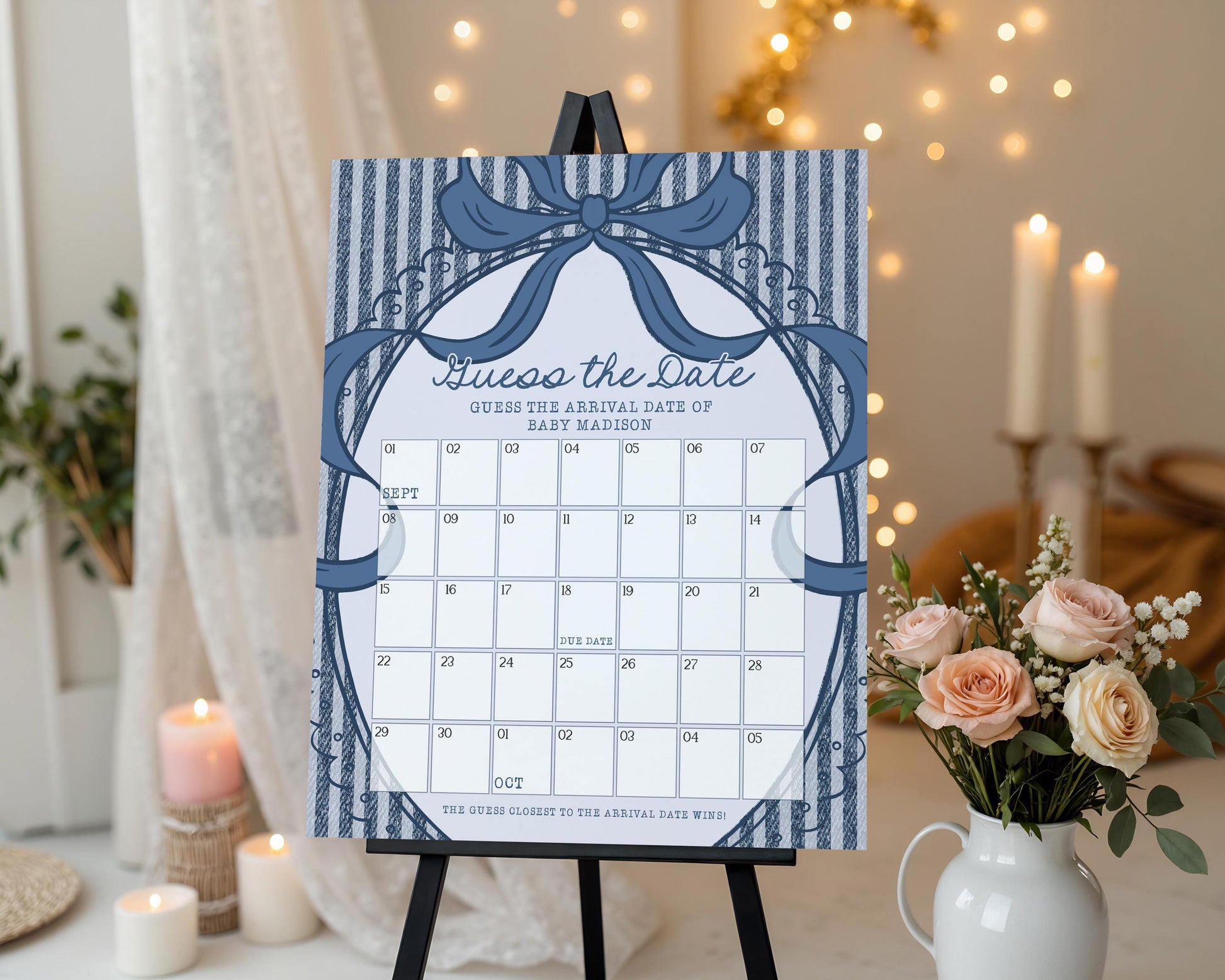 Blue Jean Baby Shower Guess the Date Game Template, Denim Baby Sprinkle Games, Americana Brunch with Mom to Be WP1089