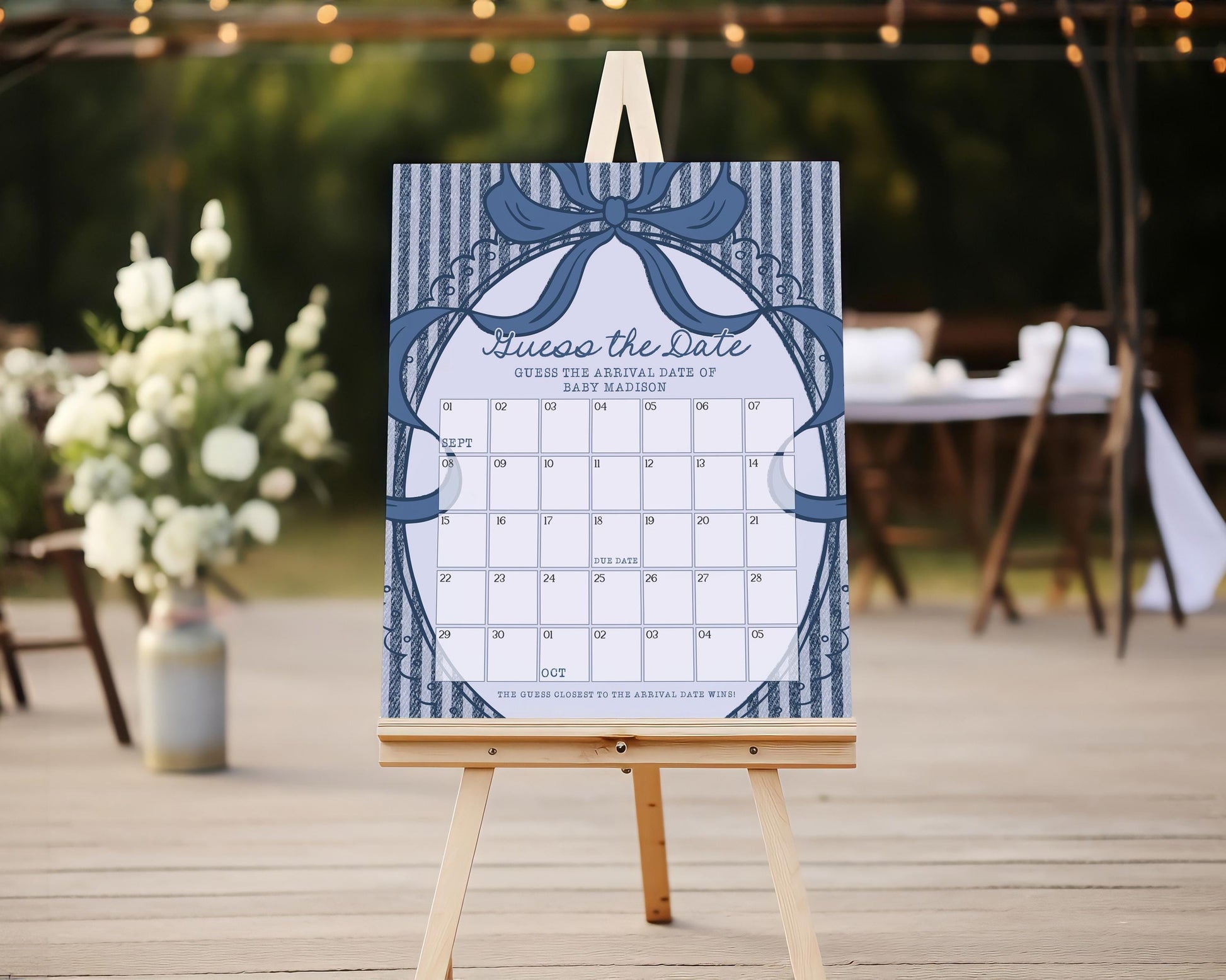 Blue Jean Baby Shower Guess the Date Game Template, Denim Baby Sprinkle Games, Americana Brunch with Mom to Be WP1089