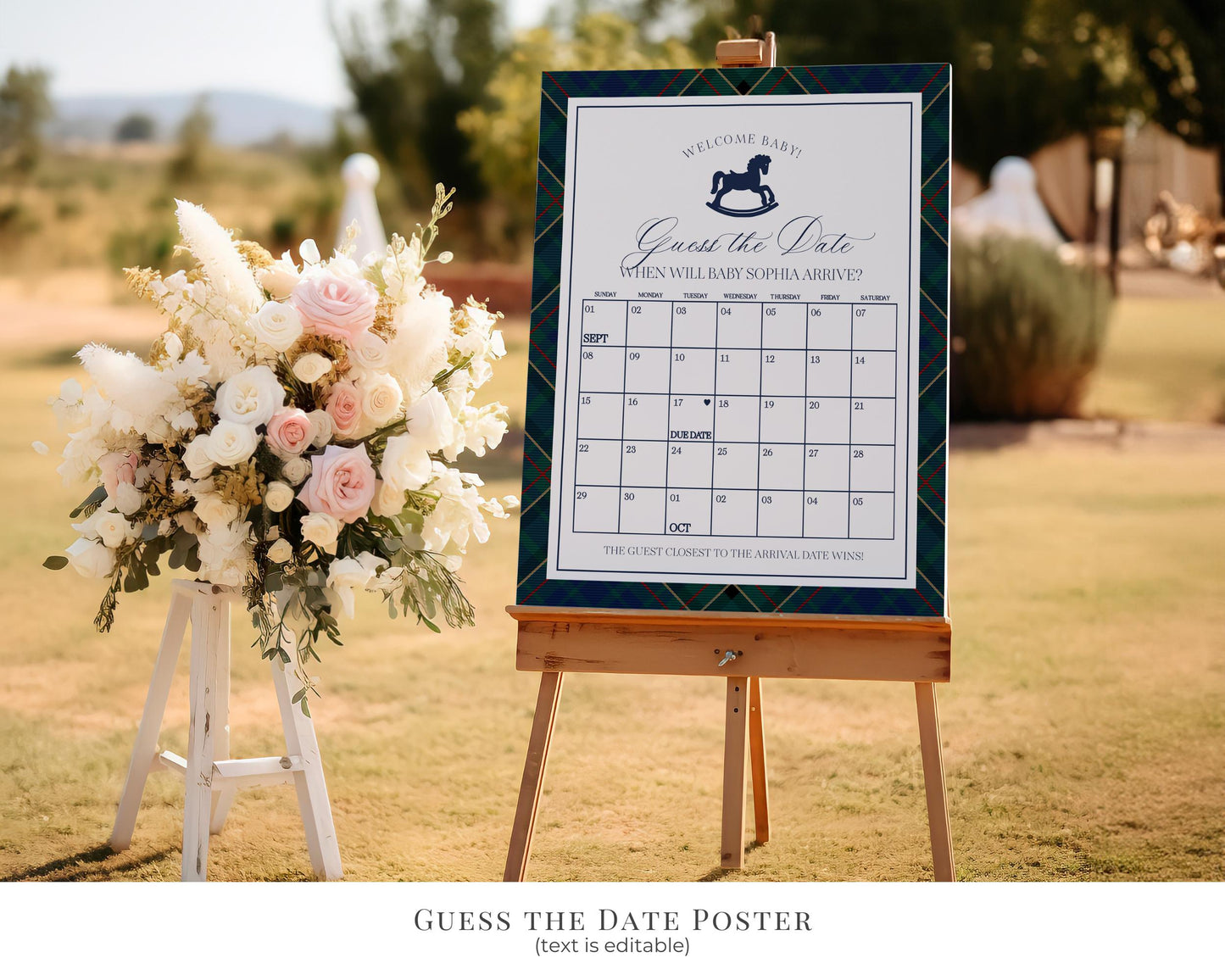 Classic Rocking Horse Baby Shower Bundle Printable Template, Blue Tartan Plaid Baby Sprinkle, Old Money Style Brunch with Mom to Be WP1087