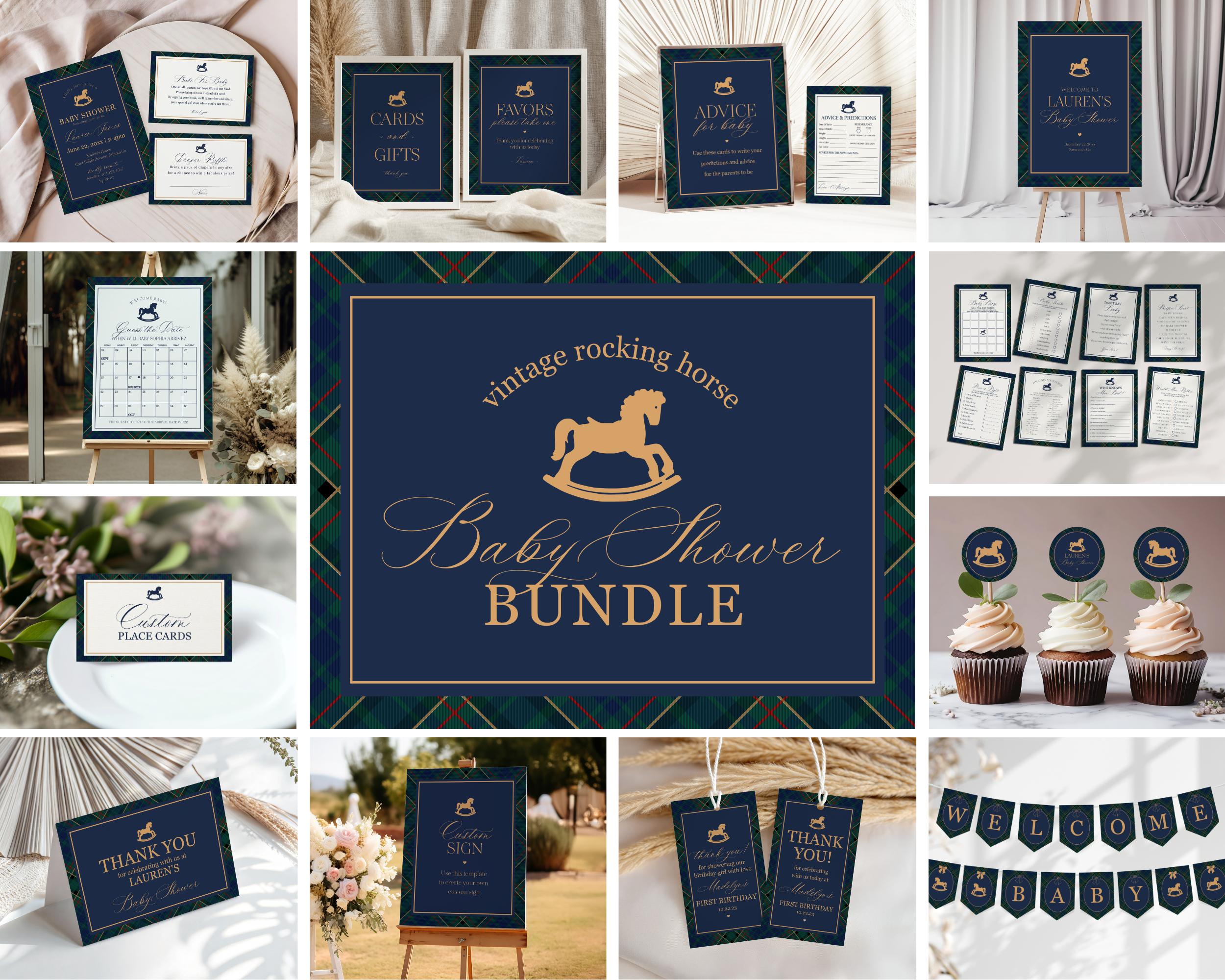 Classic Rocking Horse Baby Shower Bundle Printable Template, Blue Tartan Plaid Baby Sprinkle, Old Money Style Brunch with Mom to Be WP1087